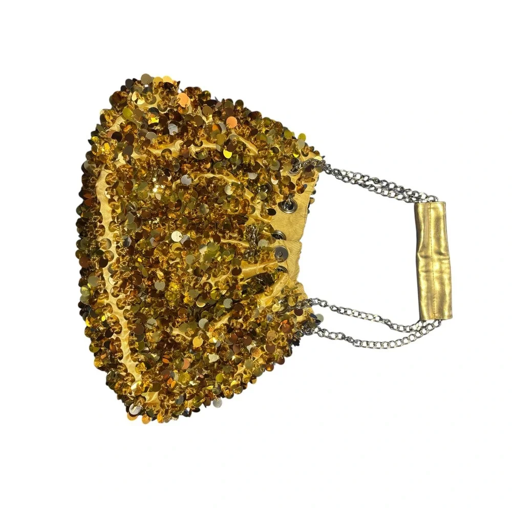 Gold Sequin Evening Bag Metallic Pouch Chain Strap Formal Party Clutch